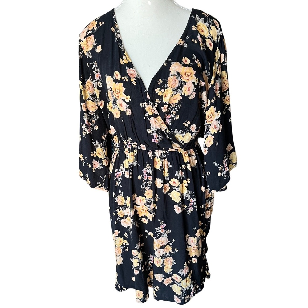 Floral Wrap Front Mini Dress Black‎ Yellow Rose Print 3/4 Sleeve Sz Small